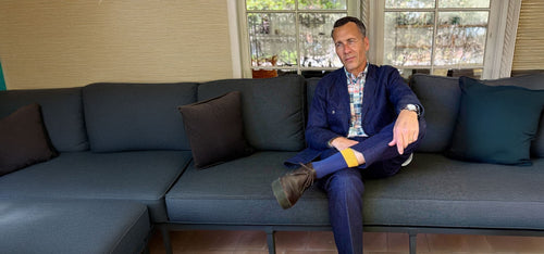A Father Wearing Blue and Yellow Socks from Ivy Ellis