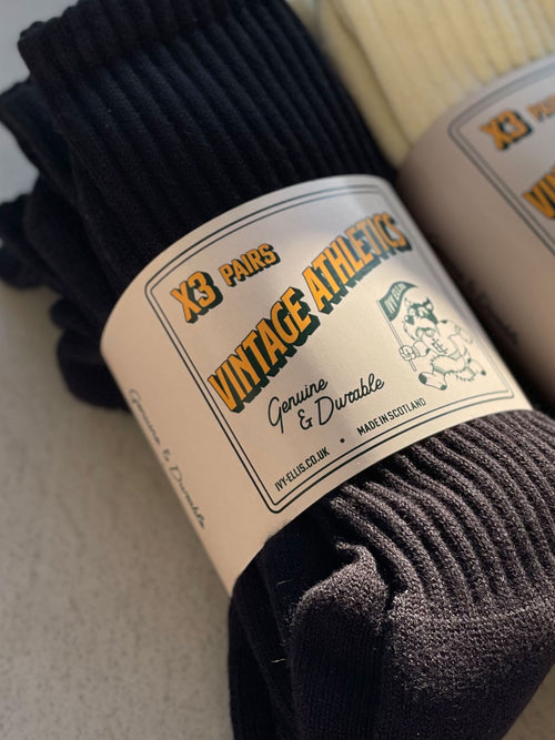 The Vintage Athletic Triple Pack | Men's Crew Socks - Black in sock wrap