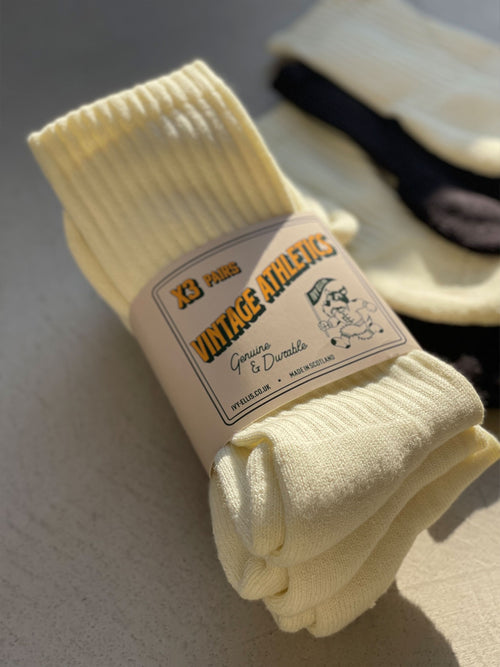 The Vintage Athletic Triple Pack | Men's Crew Socks - Cream in sock wrap