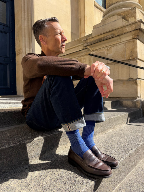 The Boro Patchwork Navy | Men's Crew Length Socks