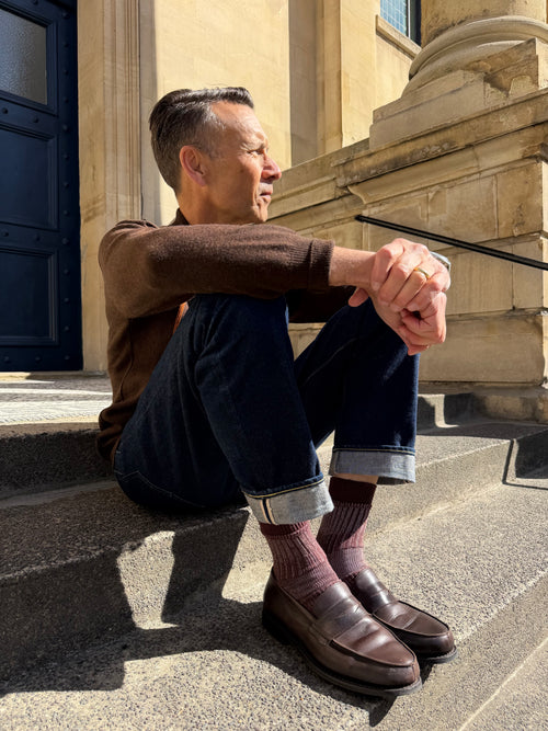 The Boro Patchwork Brown | Men's Crew Length Socks