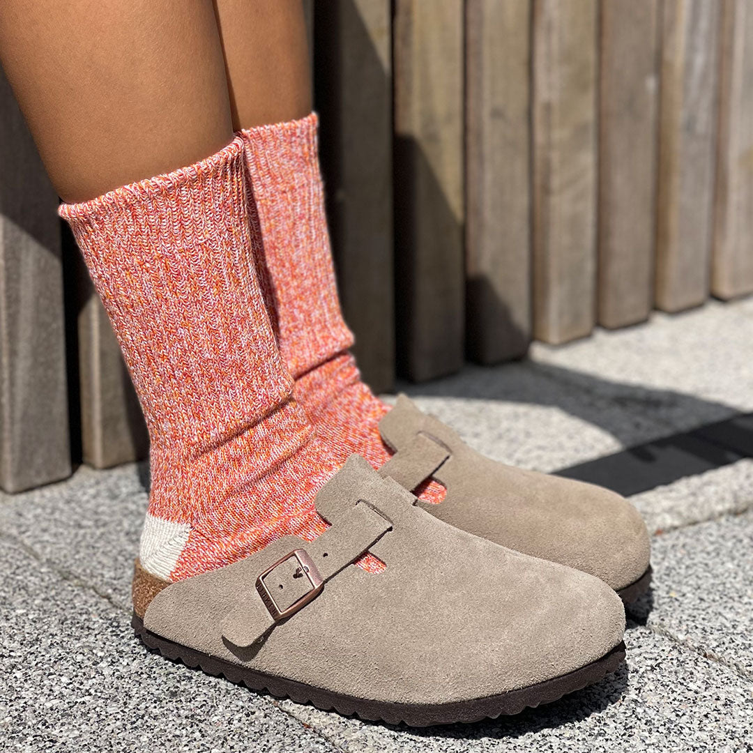 Womens Pink Crew Socks with beige clog shoes